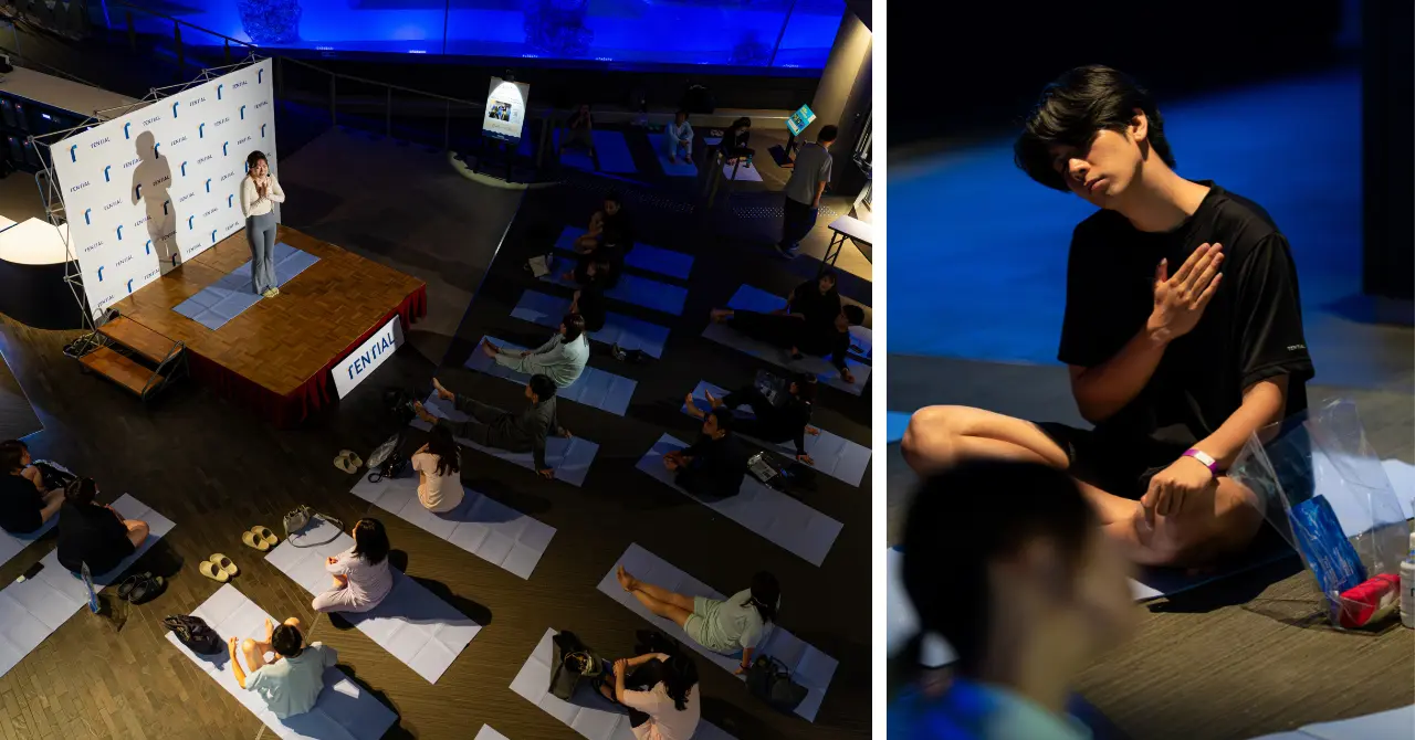 夜の水族館で開催されたストレッチと呼吸瞑想