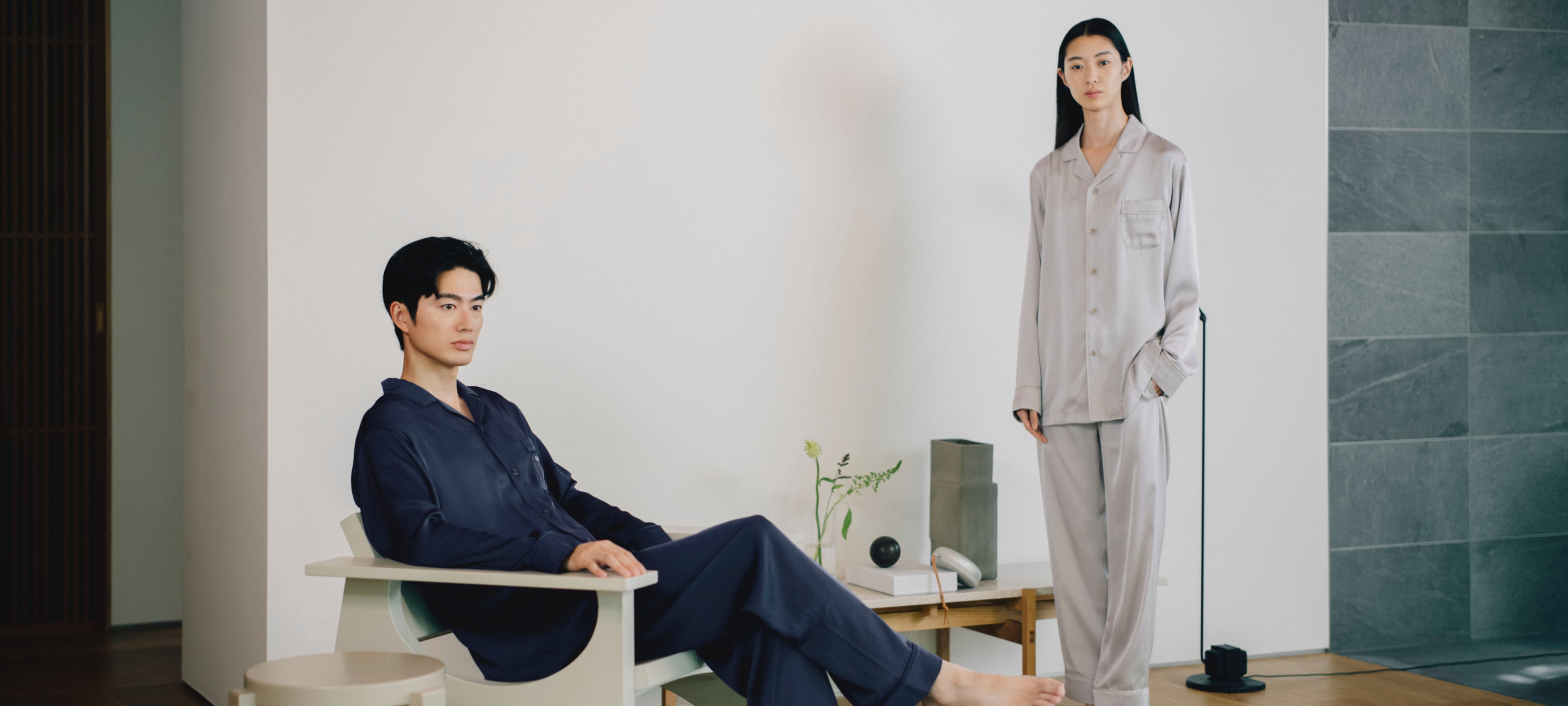 TENTIAL BAKUNE Pajamasサテン生地 ズボンLベージュ TENTIAL パジャマ BAKUNE Pajamas Satin Long Pants メンズ